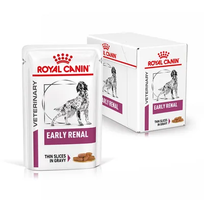 Royal Canin Veterinary Early Renal, fatias finas em molho. Embalagem com imagem de cão e nome do produto visíveis.