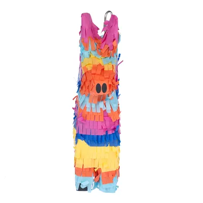 Jouet pour animaux en forme de pinata colorée avec franges en papier multicolore et deux yeux noirs visibles sur le devant. Crochet métallique sur le dessus.