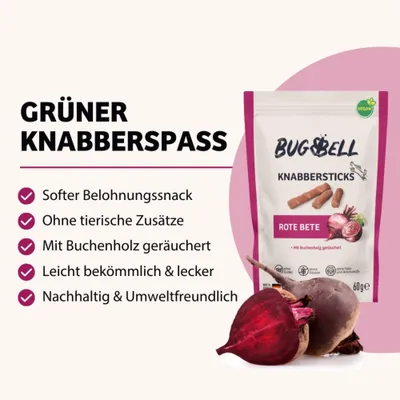 BUGBELL Knabbersticks Rote Bete, vegan. Softer Belohnungssnack, ohne tierische Zusätze, mit Buchenholz geräuchert, leicht bekömmlich, nachhaltig und umweltfreundlich.