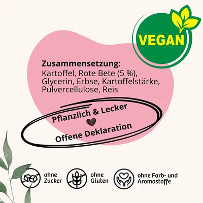Sestava: krompir, rdeča pesa (5 %), glicerin, grah, krompirjev škrob, celulozni prah, riž. Vegansko, rastlinsko, okusno, odprta deklaracija, brez sladkorja, glutena, barvil in arom.