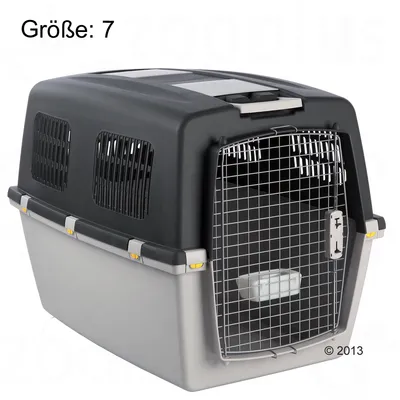 Transportbox aus Kunststoff mit Metallgittertür, Grösse: 7. Sichtbare Belüftungsschlitze und Sicherheitsverschlüsse.