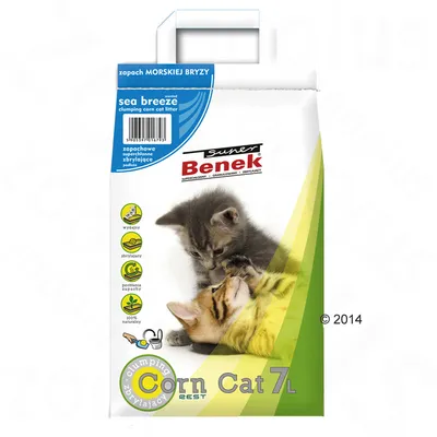 Super Benek Corn Cat 7L, sea breeze illatú csomósodó macskaalom, két cica képe a csomagoláson, piktogramok: kiadós, csomósodó, szagmegkötő, 100% természetes