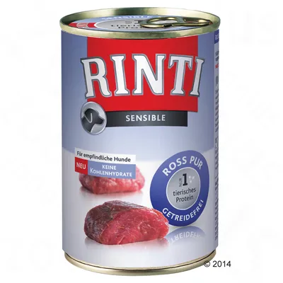 Rinti Sensible Ross Pur natvoer, Für empfindliche Hunde, keine Kohlenhydrate, getreidefrei, nur 1 tierisches protein. Blik met afbeelding van vleesstuk.