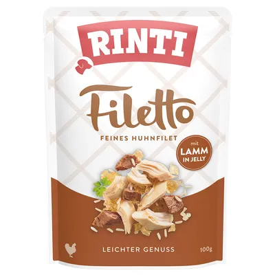 Rinti Filetto Feines Huhnfilet mit Lamm in Jelly, Leichter Genuss, sachet de 100 g. Texte en allemand visible sur l’emballage.