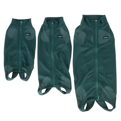 Tres chaquetas verdes para perro con cremallera y logotipo de kooa, mostradas en diferentes tamaños una al lado de la otra.