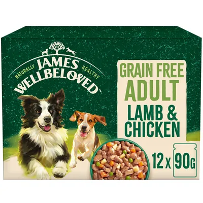 James Wellbeloved grain free adult lamb and chicken, 12 packs of 90g each. Product image shows food pieces with vegetables.