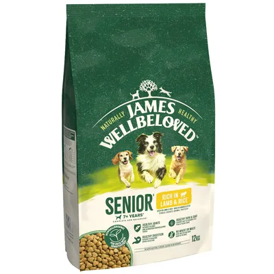 Bag labelled James Wellbeloved Senior, rich in lamb and rice, for pets aged 7+ years. Highlights include healthy joints, digestion, skin and coat, no wheat or maize. 12kg.