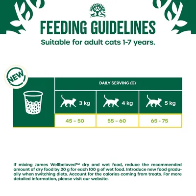 Feeding guidelines for adult cats 1-7 years: daily serving 45-50g for 3kg, 55-60g for 4kg, 65-75g for 5kg. Adjust dry food by 20g per 100g wet food when mixing.
