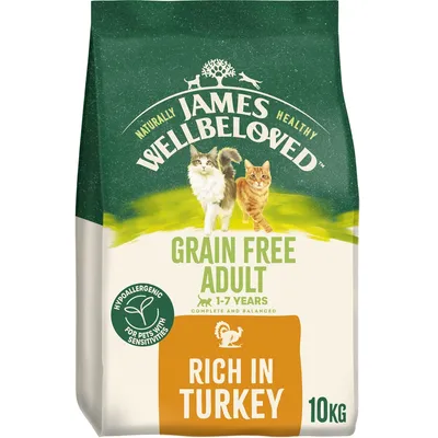 Grain free adult food, suitable for ages 1-7 years, hypoallergenic for pets with sensitivities, rich in turkey, 10kg bag.