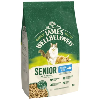 James Wellbeloved Senior 7+ Years, rich in fish, hypoallergenic dry food for sensitive pets, supports heart, digestion, skin and coat health, no wheat, 4kg bag.