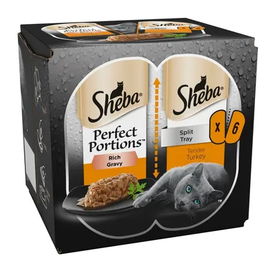 Box showing Sheba Perfect Portions Rich Gravy and Tender Turkey split tray, 6 portions. Image displays food portion and a grey cat beside the product information.