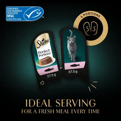 Sheba Perfect Portions, 6 portions of 37.5g each, certified sustainable seafood MSC, ideal serving for a fresh meal every time.