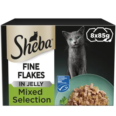 Sheba Fine Flakes in Jelly Mixed Selection, 8 x 85g packs, certified sustainable seafood MSC, product image shows food flakes in jelly on a plate.