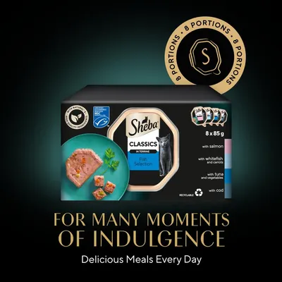 Sheba Classics Fish Selection, 8 x 85g portions with salmon, whitefish and carrots, tuna and vegetables, and cod. Text: For many moments of indulgence. Delicious meals every day.