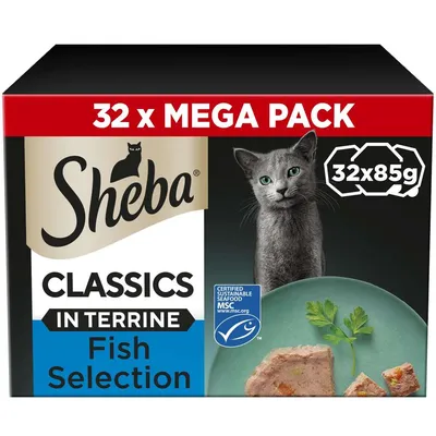 Box showing 32 x 85g mega pack, classics in terrine fish selection, certified sustainable seafood MSC, with image of food portion on plate.