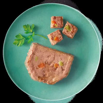 Sliced portion of meat pâté with visible vegetable pieces, served on a plate with parsley garnish. Shows product texture and ingredients.