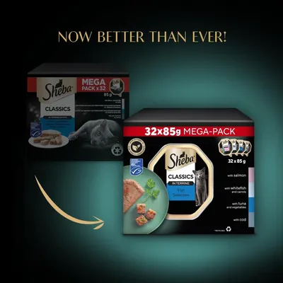 Comparison of old and new Sheba Classics 32x85g mega-pack packaging, highlighting fish selection with salmon, whitefish and carrots, tuna and vegetables, and cod. Now better than ever.