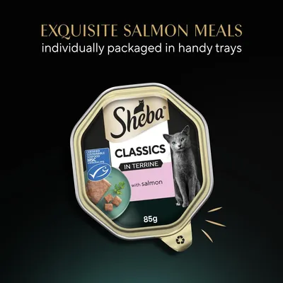 Sheba Classics in Terrine with salmon, 85g tray. Exquisite salmon meals, individually packaged in handy trays. Certified sustainable seafood MSC.