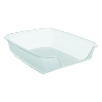 Bandeja de plástico transparente con entrada baja y base antideslizante.