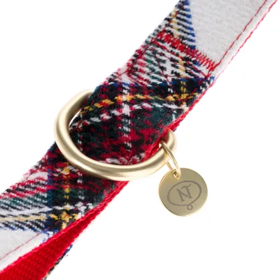 Collier en tissu à motif écossais rouge, blanc et vert avec anneau métallique doré et médaille ronde gravée « NT ».