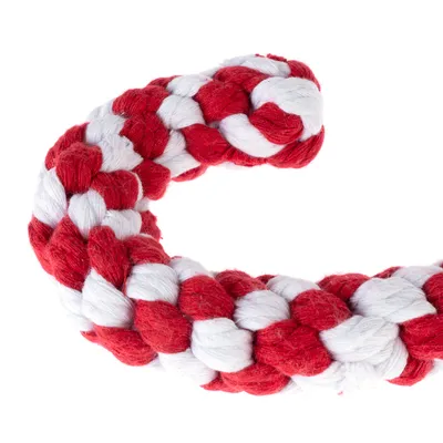 Fonott játék piros-fehér pamutból, alkalmas interaktív játékra.