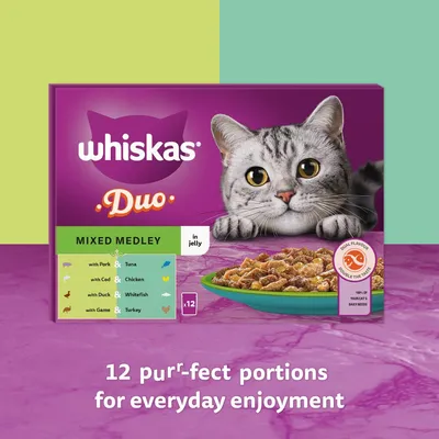 Whiskas Duo Mixed Medley in jelly, 12 portions with pork and tuna, cod and chicken, duck and whitefish, game and turkey. Text: 12 purr-fect portions for everyday enjoyment.