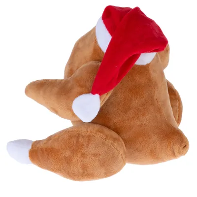 Brown plush toy shaped like a turkey with a red Christmas hat and white pompom.