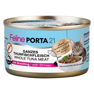 Feline Porta 21, whole tuna meat avec Shirasu, sans sucre ajouté, image d'une boîte avec un chat et un bol de nourriture. Texte en allemand et anglais visible sur l'emballage.
