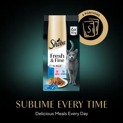 Sheba Fresh & Fine in Jelly, 6 portions of 50g each: 2 with tuna, 2 with salmon, 2 with whitefish. Text reads 'Sublime every time. Delicious meals every day.'