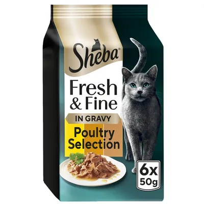 Sheba Fresh & Fine in Gravy Poultry Selection, 6 x 50g packs. Image shows product packaging and a plate of food pieces in gravy.