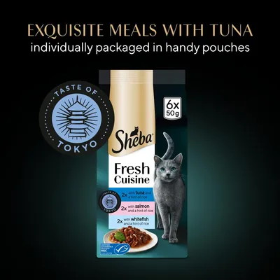 Exquisite meals with tuna, individually packaged in handy pouches. Sheba Fresh Cuisine Taste of Tokyo: 2x tuna, 2x salmon, 2x whitefish, each with a hint of rice. 6 x 50g.