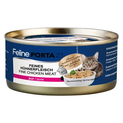Feline Porta 21 fint kyllingekød, rent. Uden tilsat sukker. Supplerende foder med analyse: protein 19 %, fedt 0,5 %. Serveringsforslag med billede af kat og foderskål.