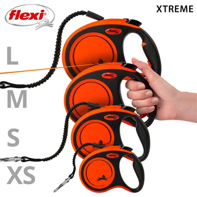 Flexi Xtreme hondenriemen in de maten XS, S, M en L. Oranje-zwart design met stevige lijn en ergonomisch handvat.