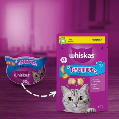 Whiskas Temptations with salmon flavour, 60g pack. New packaging uses 60% less plastic, contains under 2 kcal per treat, with vitamins, minerals, protein, and is described as 100% delicious.