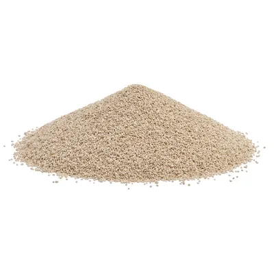 Pile of fine, beige granules. Representation of material for cat litter or similar products.
