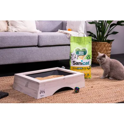 Sanicat Vegetal Clumping Litter kattenbakvulling in groene zak naast houten kattenbak en grijze kat op vloerkleed. Merknaam en product duidelijk zichtbaar.