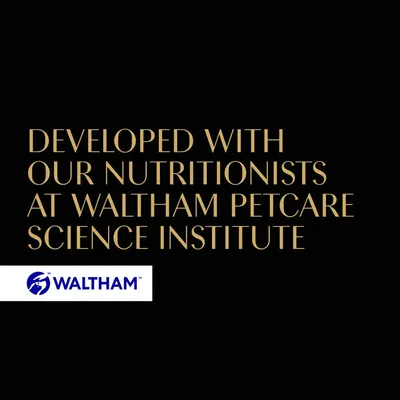 Developed with our nutritionists at Waltham Petcare Science Institute. Waltham brand name shown.