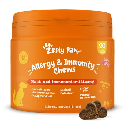 Zesty Paws Allergy & Immunity Chews, Haut- und Immununterstützung, mit Lachsöl, Kolostrum, EPICOR Pets, PRIOME HT-AD Blend, 90 Kau-Snacks, Ergänzungsfuttermittel für Hunde, 300g.