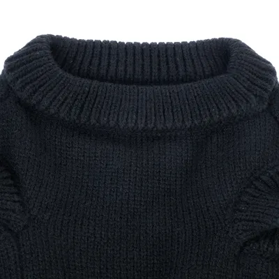 Pull en maille noire pour animal, col rond côtelé, matière tricotée visible. Aucun logo ni texte apparent.