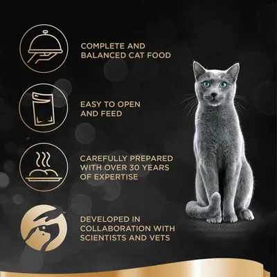 Tekst: Complete and balanced cat food, easy to open and feed, carefully prepared with over 30 years of expertise, developed in collaboration with scientists and vets. Billede af kat.