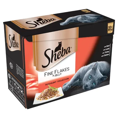 Sheba Fine Flakes in Jelly Succulent Collection, 12 x 85g. Visible text: with Beef, with Lamb, with Turkey, with Chicken. Image of a grey cat and food on packaging.