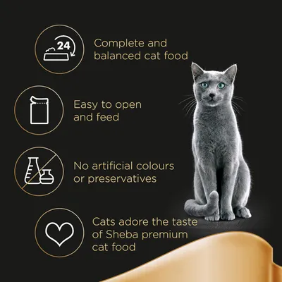 Complete and balanced cat food. Easy to open and feed. No artificial colours or preservatives. Cats adore the taste of Sheba premium cat food.