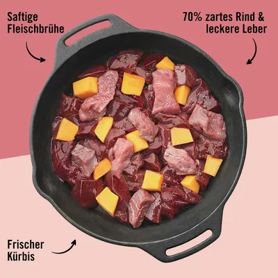 70% carne de vită fragedă și ficat gustos, dovleac proaspăt, supă de carne suculentă. Ingrediente prezentate într-o tigaie neagră.