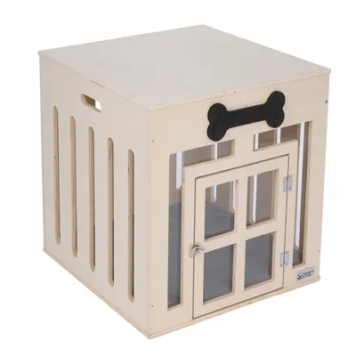 Holz-Hundebox mit Plexiglasfenstern, Tür mit Schloss und Knochen-Dekor. Marke: Modern Dog.