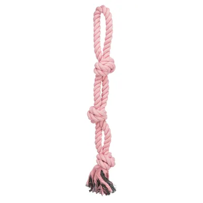 Roze speelgoedtouw met drie knopen en lus, uiteinden rafelig.
