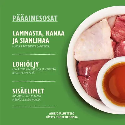 PÄÄAINEOSAT: Lammasta, kanaa ja sianlihaa, lohiöljy, sisäelimet. Ainesosaluettelo löytyy tuotetiedoista. Teksti suomeksi vihreällä taustalla, vieressä kulhossa lihaa ja öljyä.
