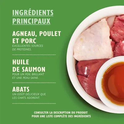 Ingrédients principaux : agneau, poulet et porc, huile de saumon, abats. Consulter la description du produit pour une liste complète des ingrédients.