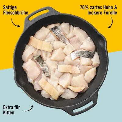 Supă de carne suculentă, 70% pui fraged și păstrăv gustos. Special pentru pisoi.