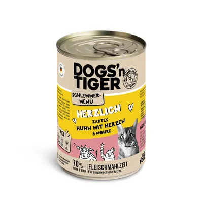 DOGS'n TIGER γεύμα Schlemmer, τρυφερό κοτόπουλο με καρδιές και καρότο. 70% κοτόπουλο και βοδινό, γεύμα κρέατος για ενήλικες γάτες.