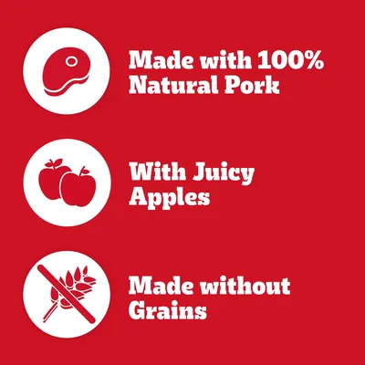 Made with 100% natural pork, with juicy apples, made without grains.